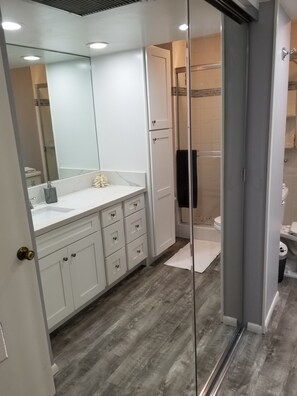 Shower, hair dryer, towels