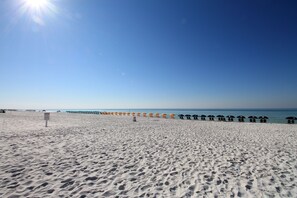 Une plage bordée de rangées de parasols, sous un ciel dégagé.