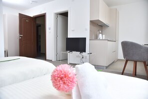 A hotel room with two beds, a TV, a desk, and a chair. - Two-bed studio 1 Kozle City apartments  (Skopje)