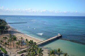 Una playa con un muelle largo que se adentra en el océano, palmeras bordeando la orilla y agua azul cristalina.