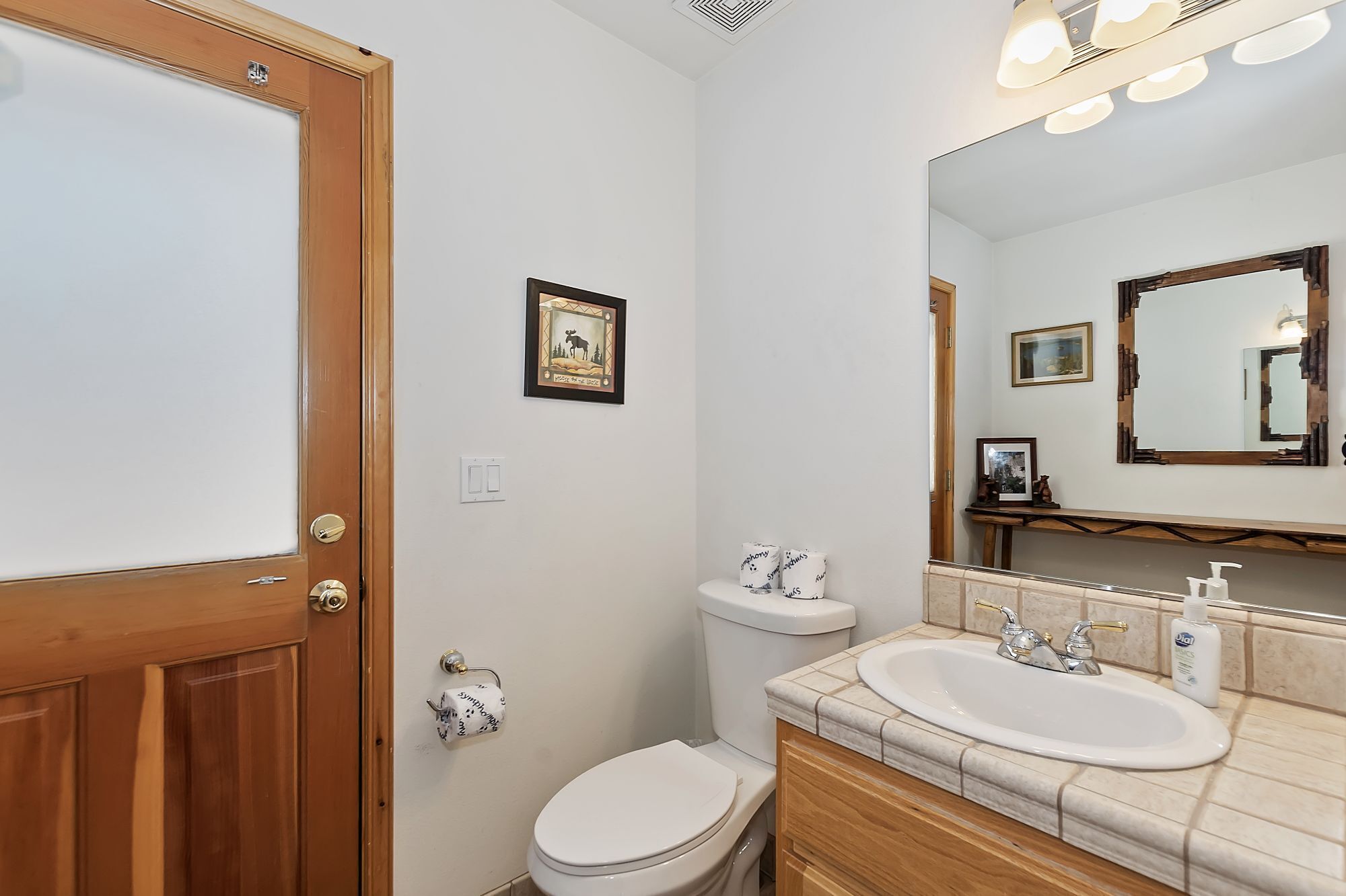 A bathroom with a wooden door, a toilet, a sink with a mirror, and a framed picture on the wall.