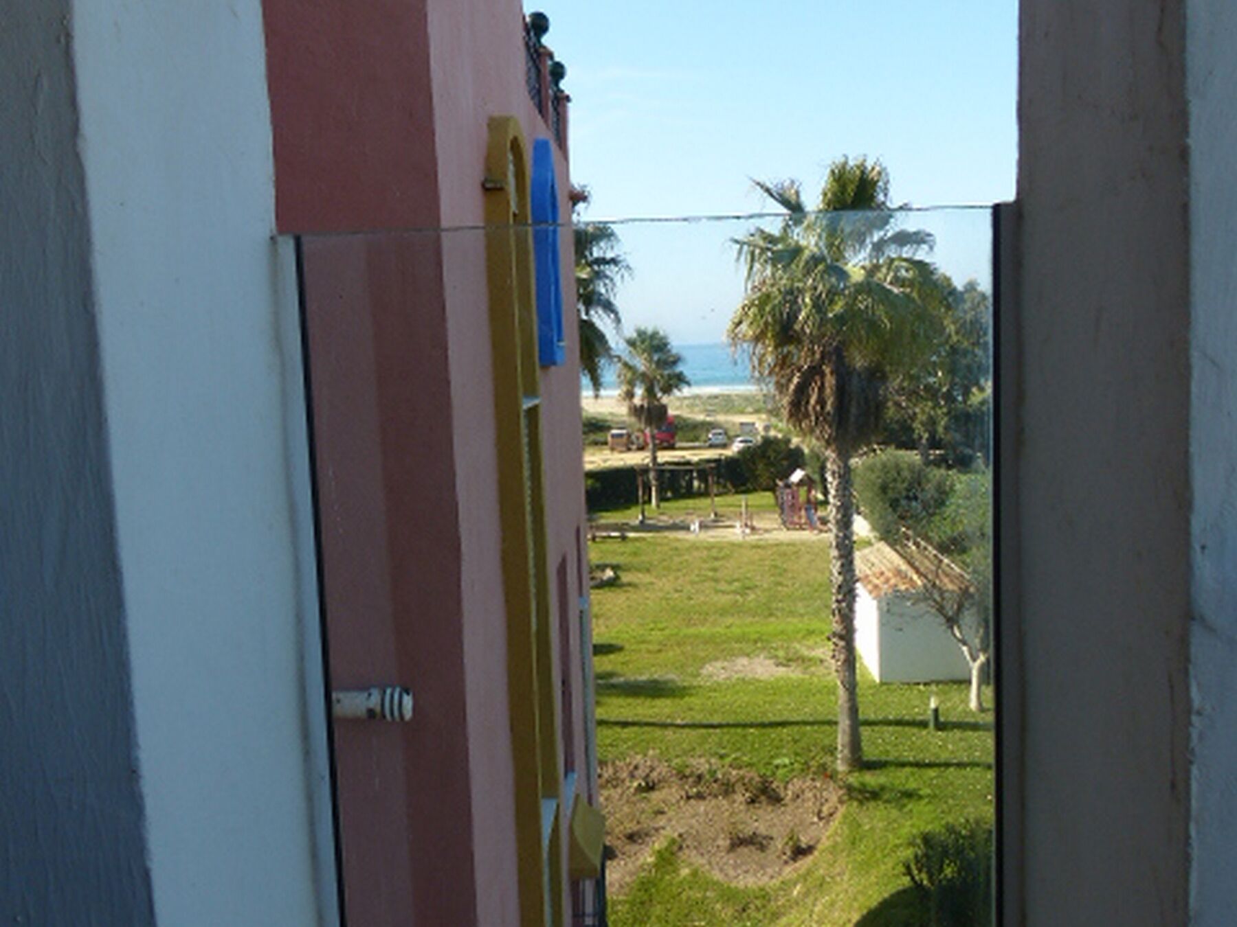 A view through a window of a building with a door, a grassy area, palm trees, and a beach in the background.