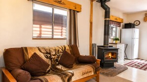 A cozy living room with a sofa, a fireplace, and a kitchen area.
