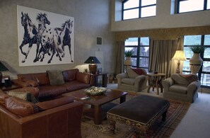 Télévision, cheminée, lecteur de DVD, chaîne hi-fi