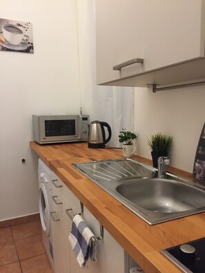 Kühlschrank, Mikrowelle, Herdplatte, Wasserkocher mit Kaffee-/Teezubehör