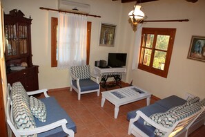 TV, caminetto, lettore DVD, libri