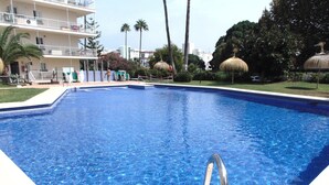 Uma piscina com água azul cristalina, rodeada por um espaço gramado e palmeiras.