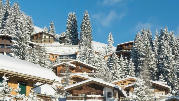 Una cabaña nevada con varias edificaciones de madera, rodeada de altos árboles de hoja perenne.