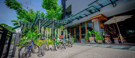 A covered outdoor area with bicycles parked under a pergola, surrounded by potted plants and a building entrance.