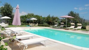 A swimming pool with lounge chairs and umbrellas, surrounded by greenery.