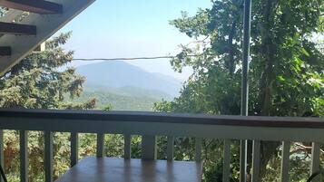 A wooden table and chairs on a balcony with a view of a mountain range and trees.