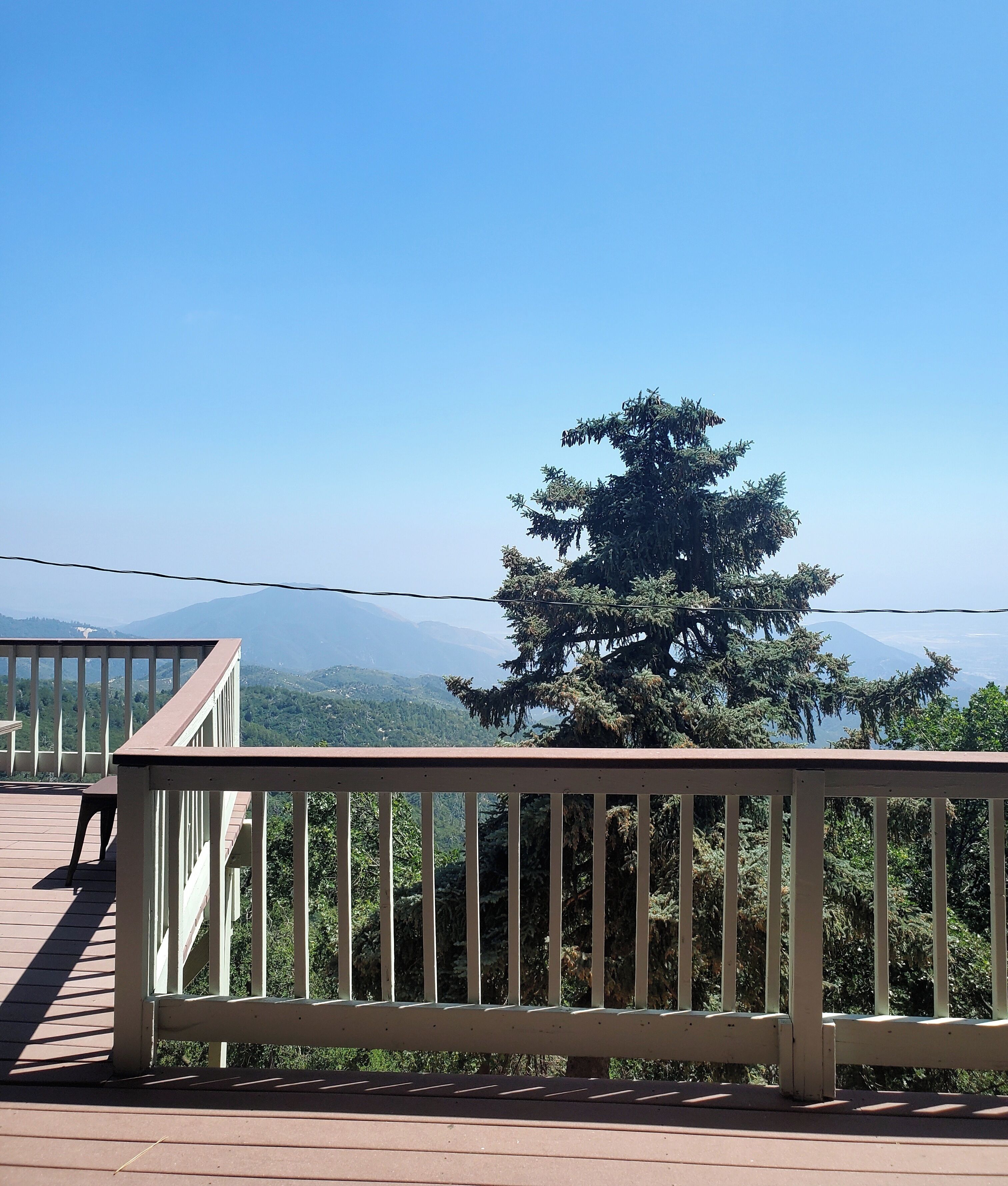 Eine Holzterrasse mit Geländer, mit Blick auf eine Berglandschaft mit einem markanten Nadelbaum.