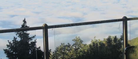 A view through a window with a metal railing, overlooking a forested area and a layer of clouds below.