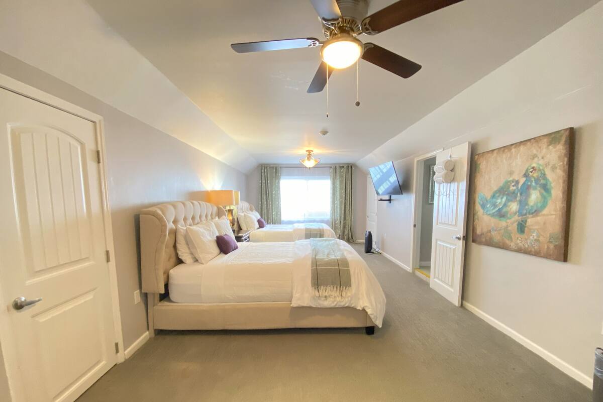 A spacious bedroom with two beds, a ceiling fan, a TV, and a painting on the wall.