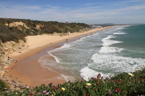 A beach with a sandy shore, waves, and a grassy hill with buildings.