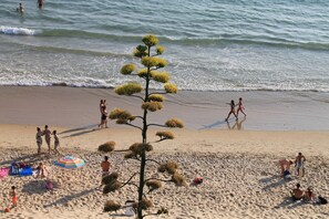 A beach with people sunbathing and swimming, a distinctive tree in the center, and a colorful umbrella.