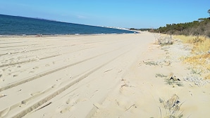 A wide sandy beach with footprints leading to the water, a clear sky, and sparse vegetation.