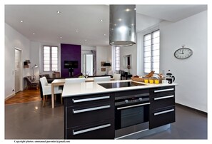 Fridge, microwave, oven, stovetop - SunlightProperties AMOUR VIOLETTE: Hyper Center, 2 bedroom apt with terrace (Nice)