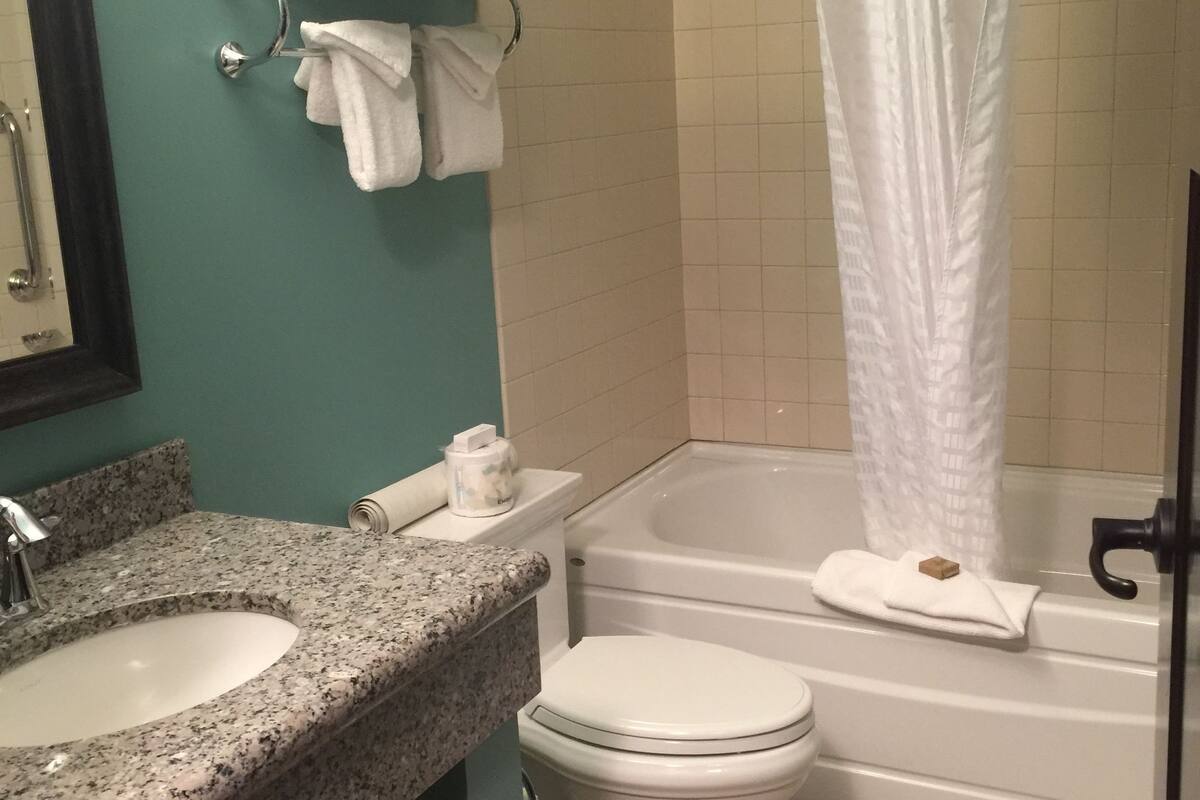 standard room, 2 queen beds | bathroom | combined shower/bathtub, free toiletries, hair dryer, towels