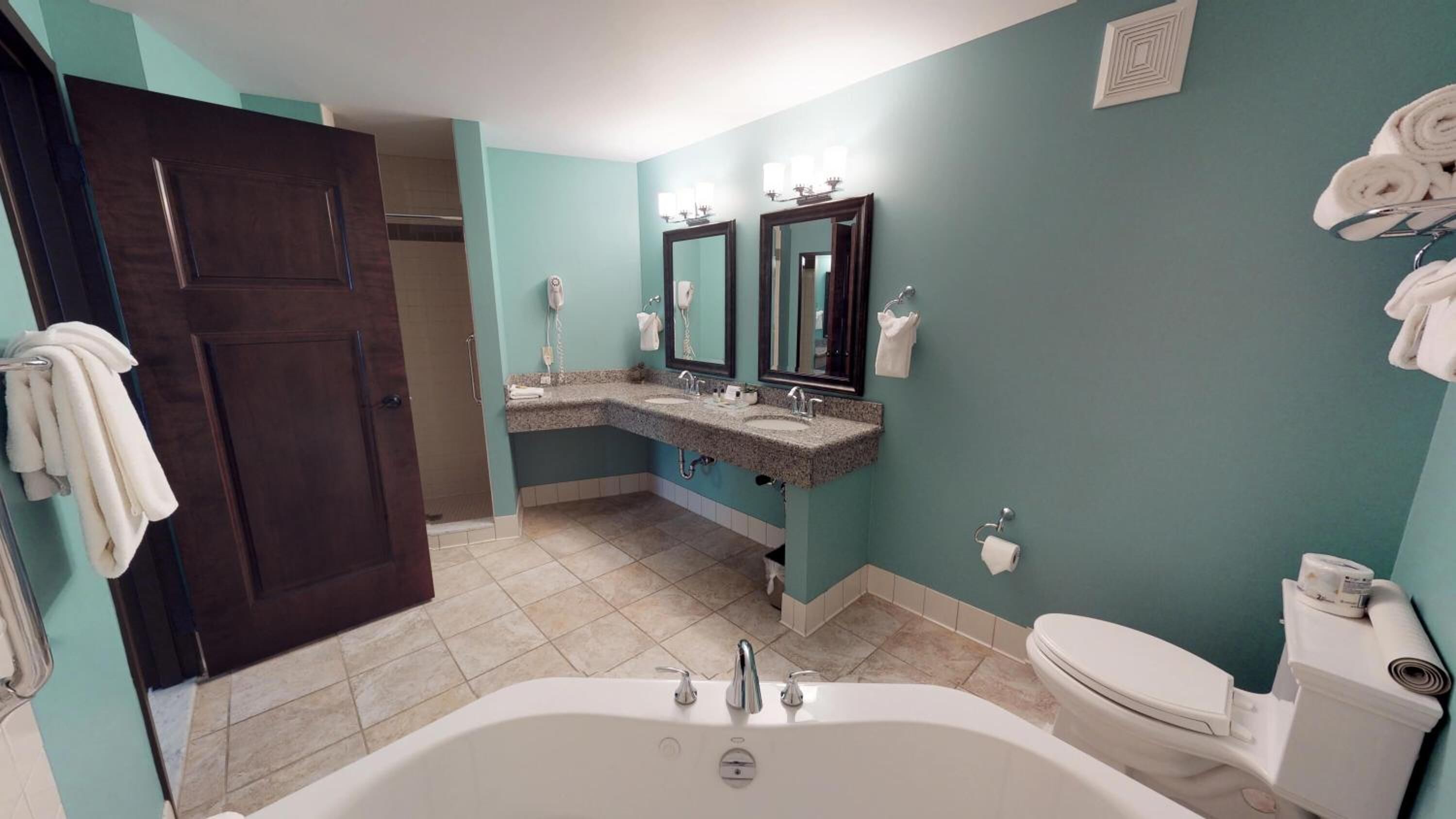 Combined shower/tub, free toiletries, hair dryer, towels