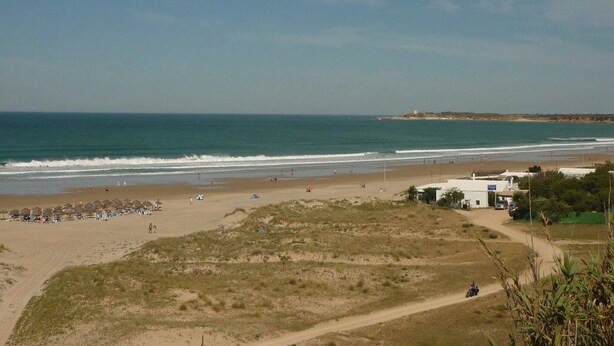 Une plage offrant une vue dégagée sur l’océan, un sentier sablonneux et quelques bâtiments visibles au loin.