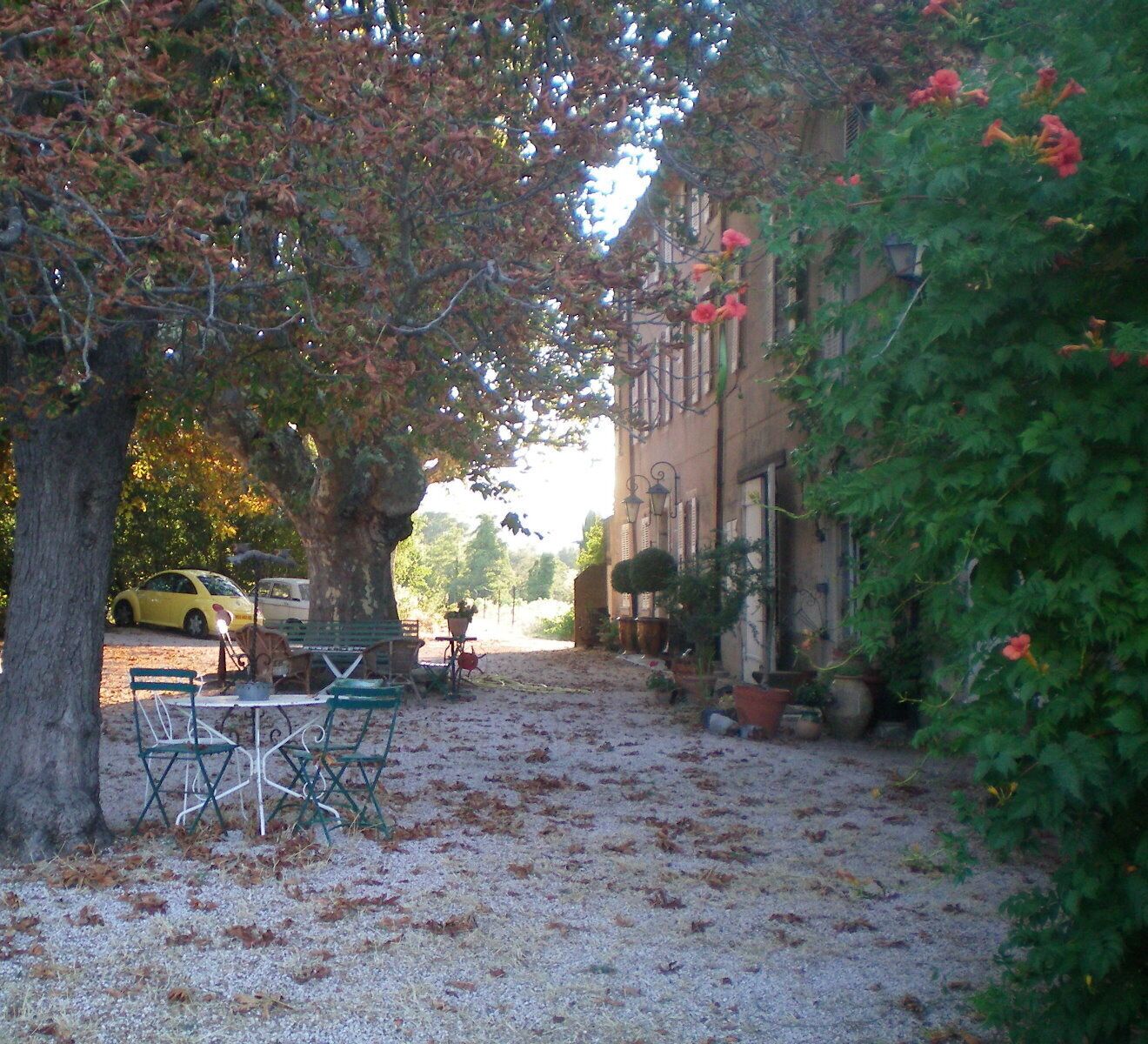 Une cour avec un chemin de gravier, un banc et une table.