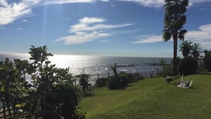 A grassy area with a view of the ocean, a palm tree, and a chair. - Balcon Del Mar Primera Linea de Playa (Mijas)