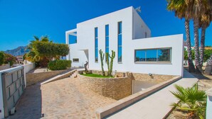 A modern white building with a stone courtyard, palm trees, and a clear blue sky.