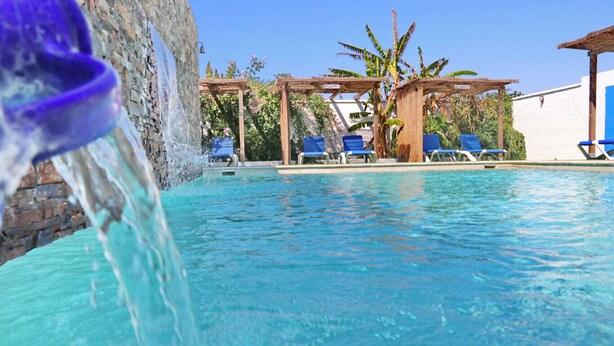 Una piscina con fuente, sillas de descanso y un pérgola con plantas.