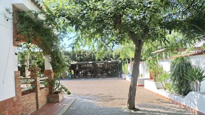 Un patio con zona adoquinada, un árbol y un muro de ladrillo.