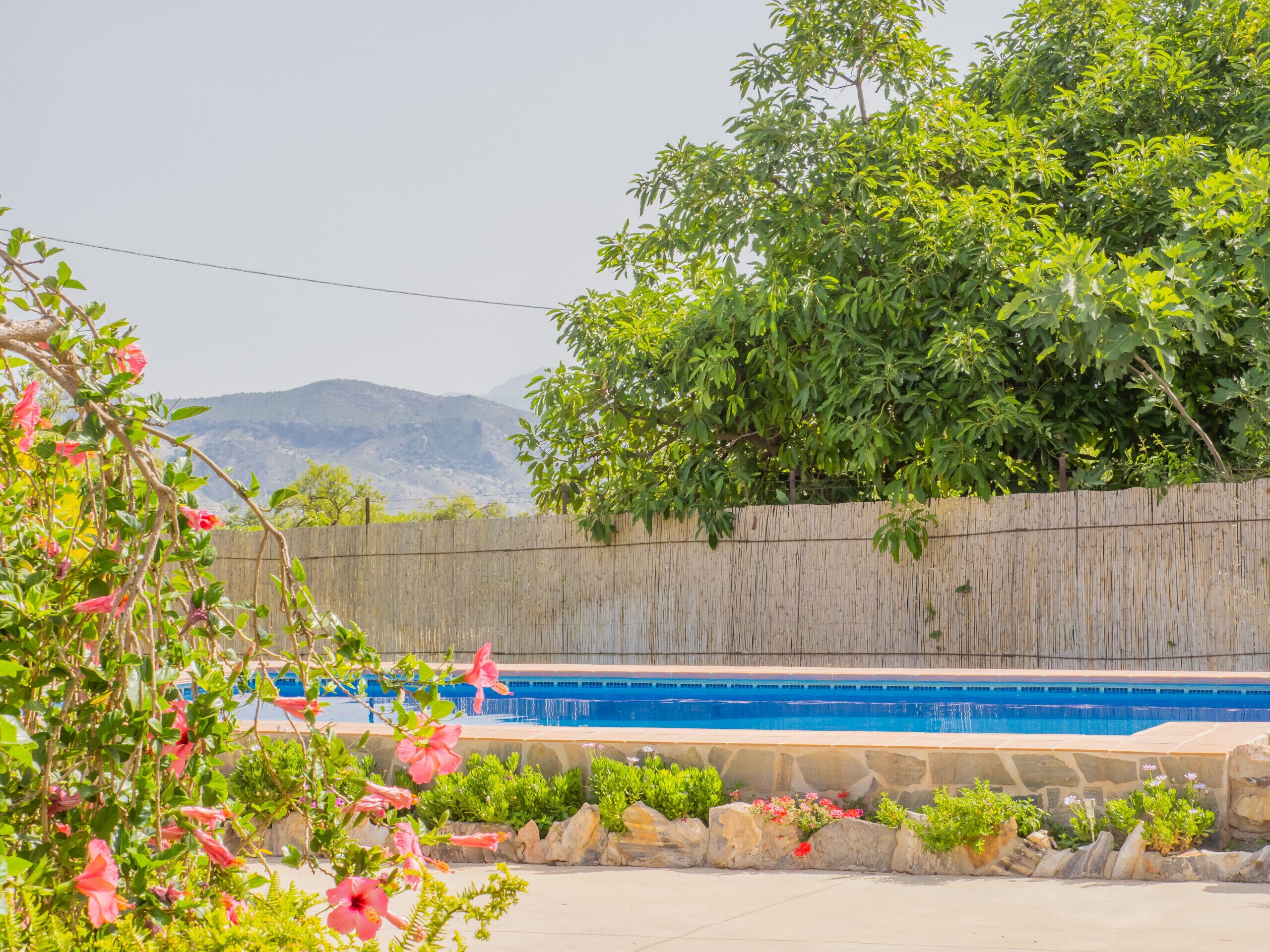 Piscina con valla de madera, rodeada de vegetación y flores.