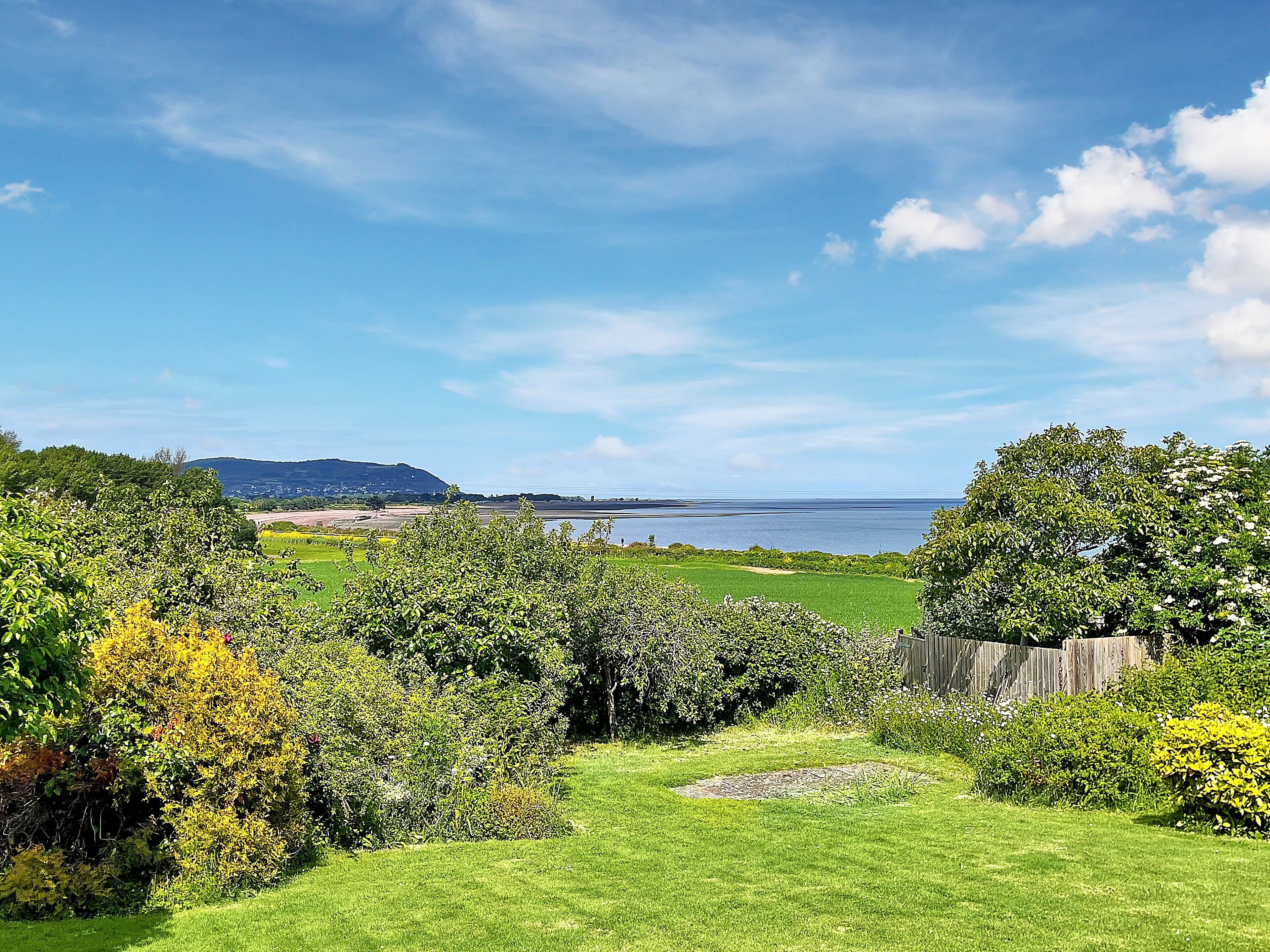 Eine grüne Landschaft mit einem Gewässer und sanften Hügeln im Hintergrund.