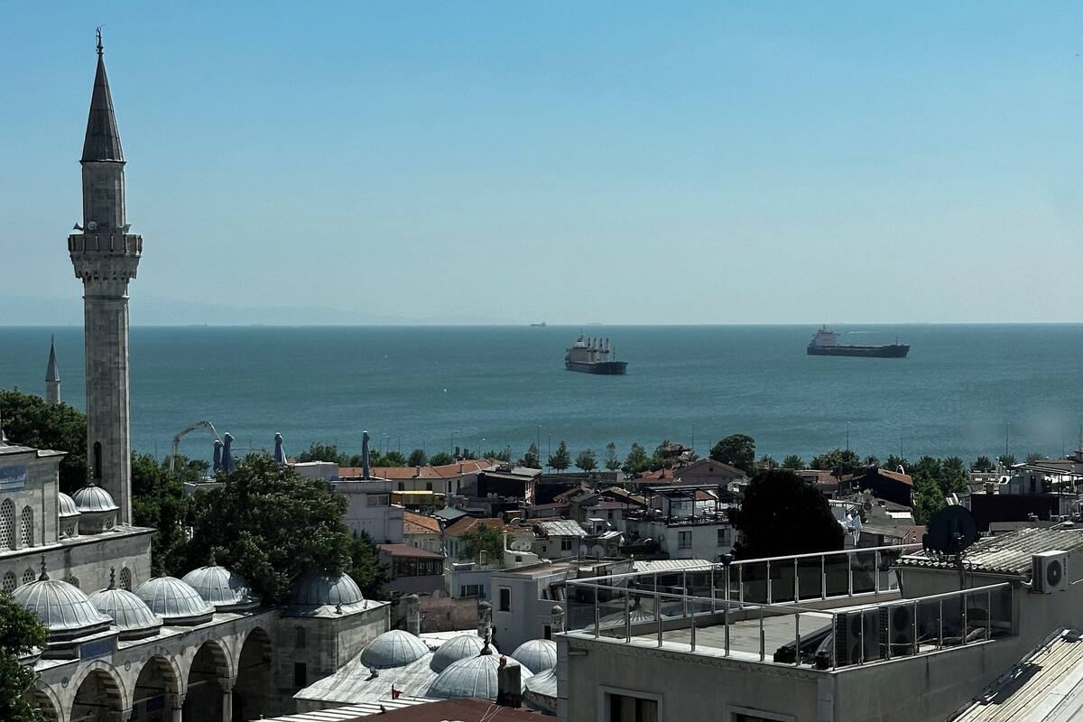 A coastal cityscape with a prominent mosque, including a minaret and domes, and a view of the sea with ships.
