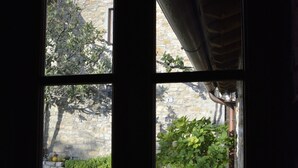 A window with a view of a stone wall and a potted plant.