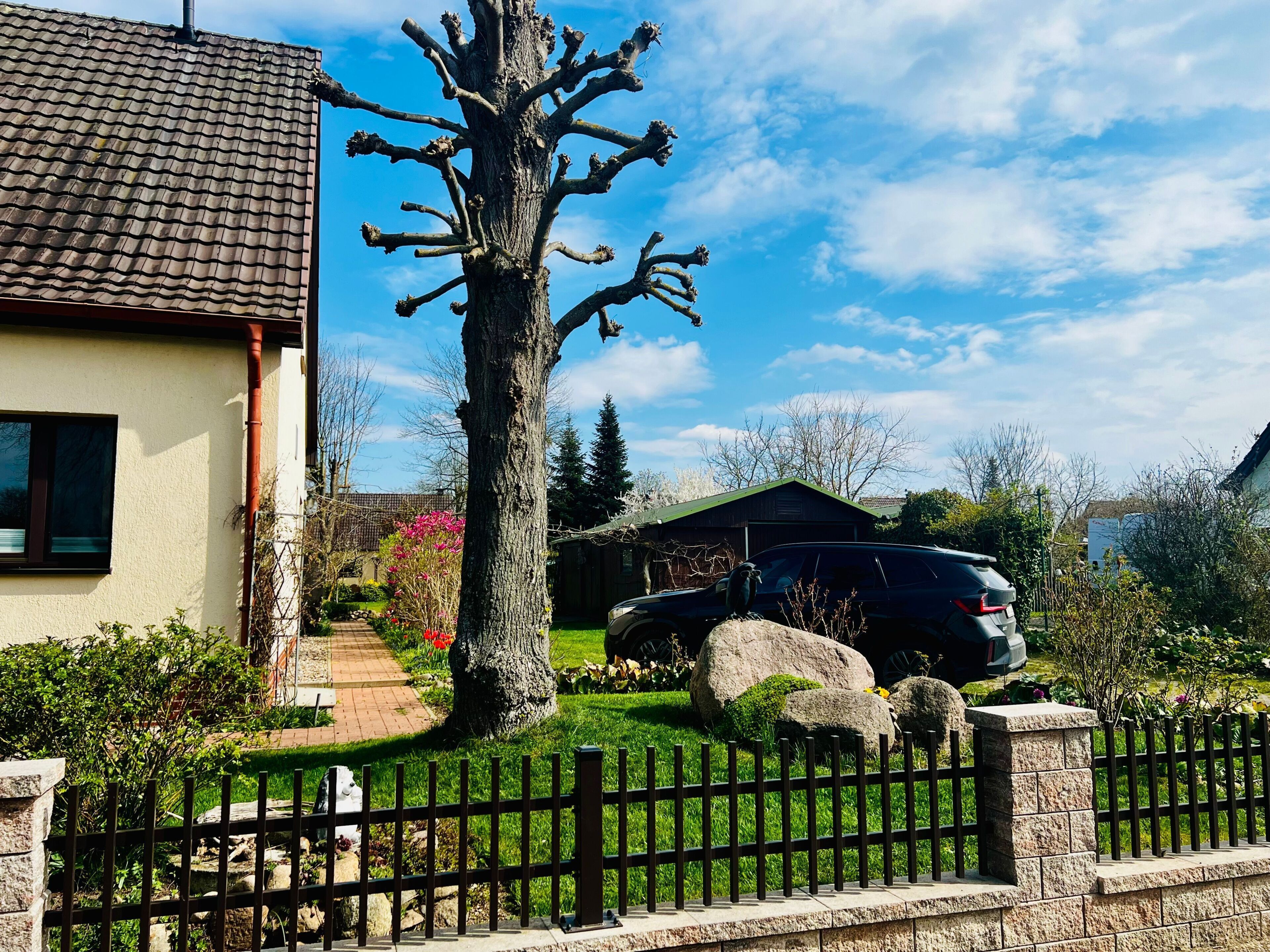 Een woonwijk met een huis, een boom, een auto en een hek.