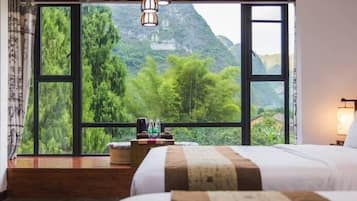 Premium bedding, desk, blackout curtains, soundproofing