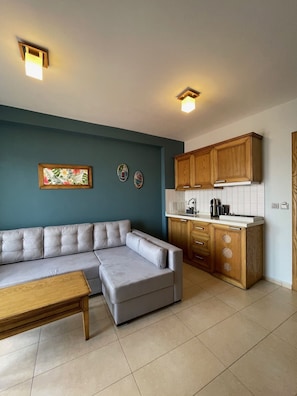 Deluxe Suite, Sea View (1+1) | Living area | LCD TV - Veziroglu Apart (Datça)