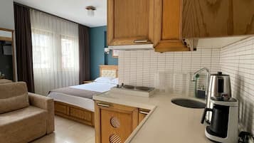 Un espacio habitable compacto con kitchenette, cama y sofá.