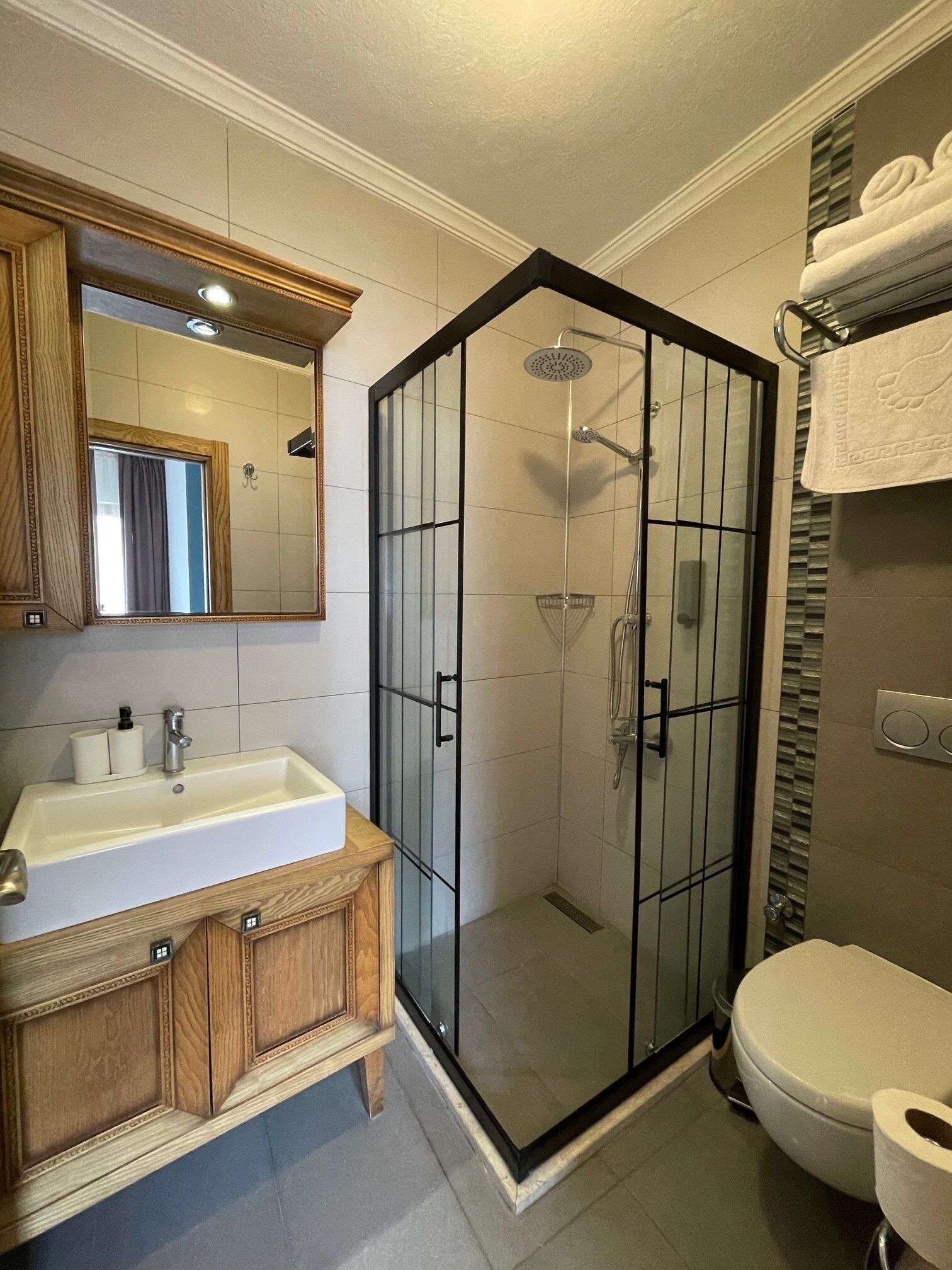 A modern bathroom with a glass-enclosed shower, a wooden vanity, a toilet, and a mirror above the sink.