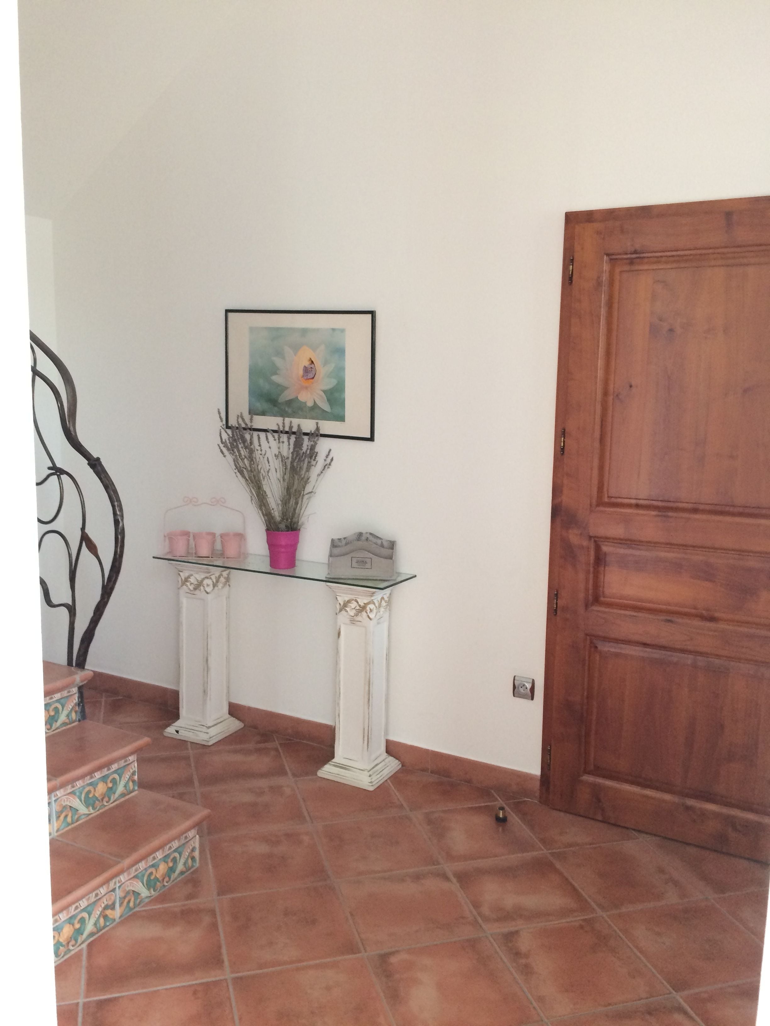 A hallway with a wooden door, a framed picture of a flower, a glass table with pink cups and a potted plant, and a staircase with patterned steps.