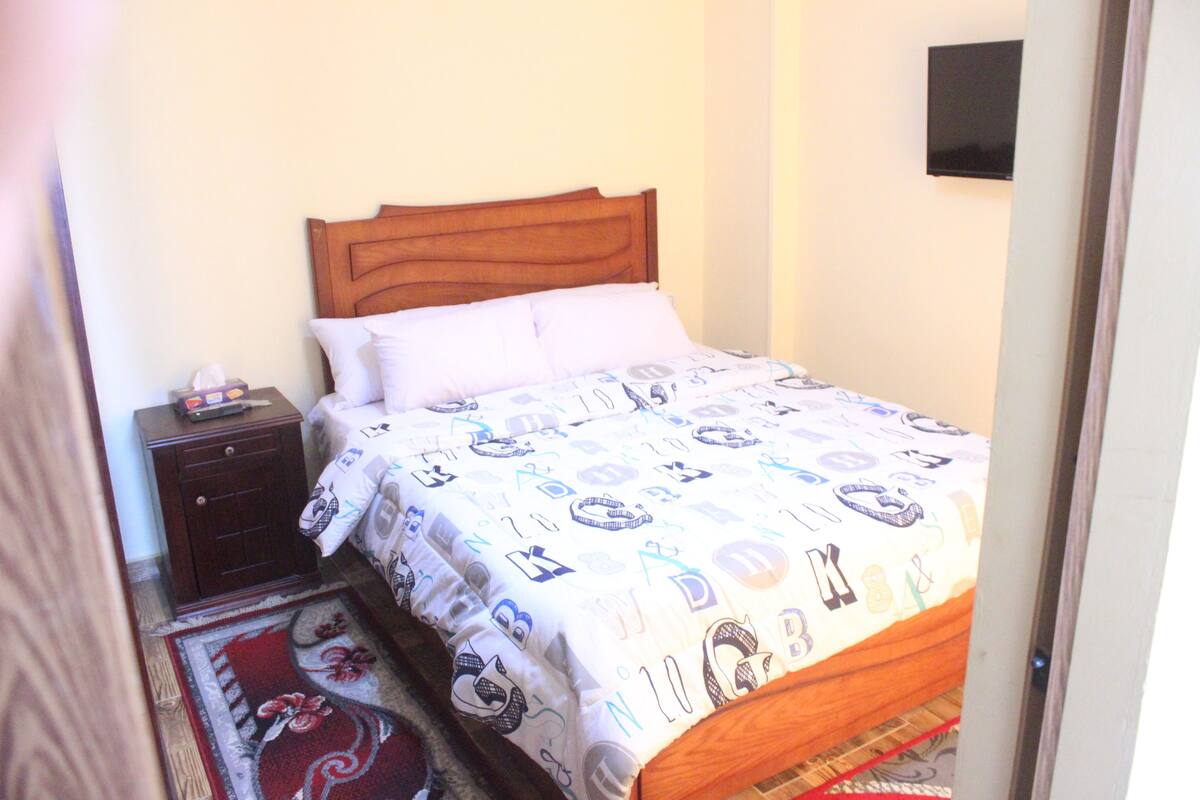 A bedroom with a wooden bed, white bedding, a nightstand, a red and white patterned rug, and a wall-mounted television.