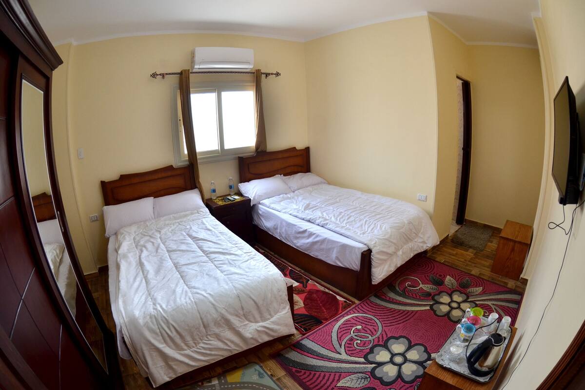 A hotel room with two single beds, a wooden headboard, a large mirror, a flat-screen TV, and a colorful rug.