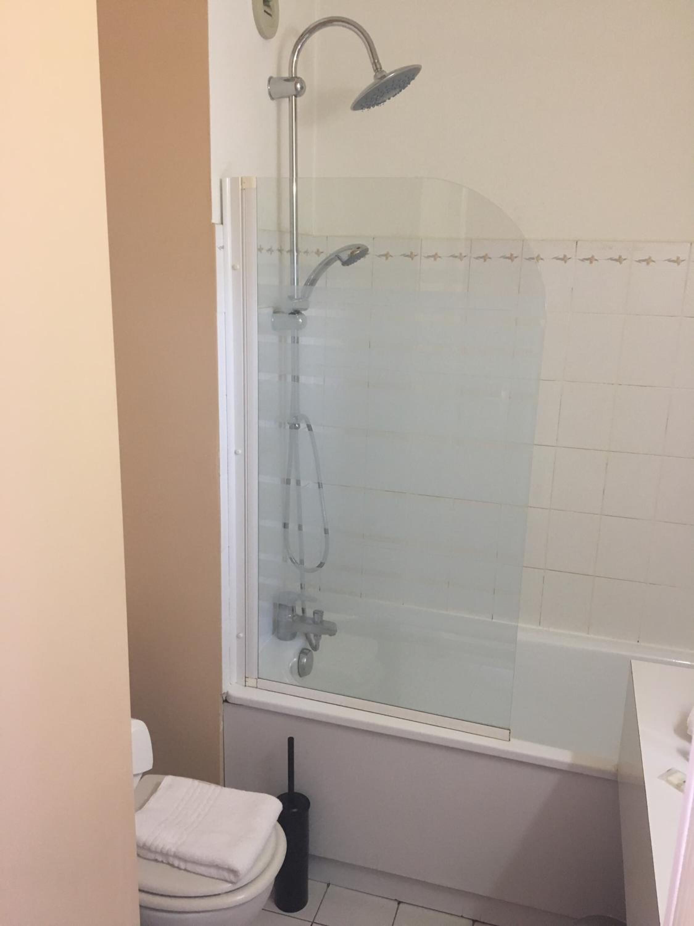 combined shower/bathtub, free toiletries, hair dryer, towels