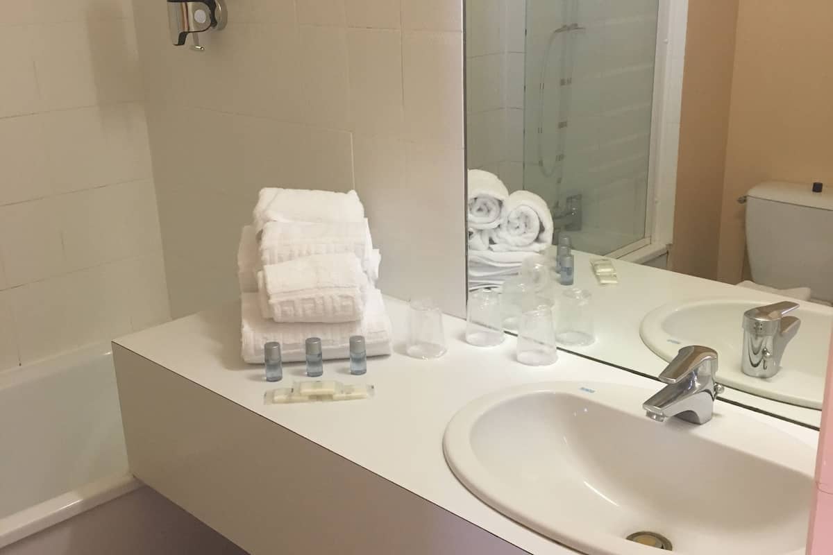 combined shower/bathtub, free toiletries, hair dryer, towels