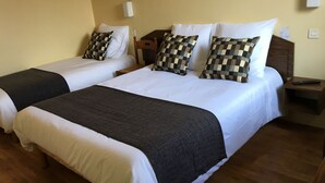 Two single beds with checkered pillows, a wooden nightstand with a remote control, and a wall-mounted light fixture. - Hôtel Le Dauphin (Saint-Denis-de-l'Hôtel)
