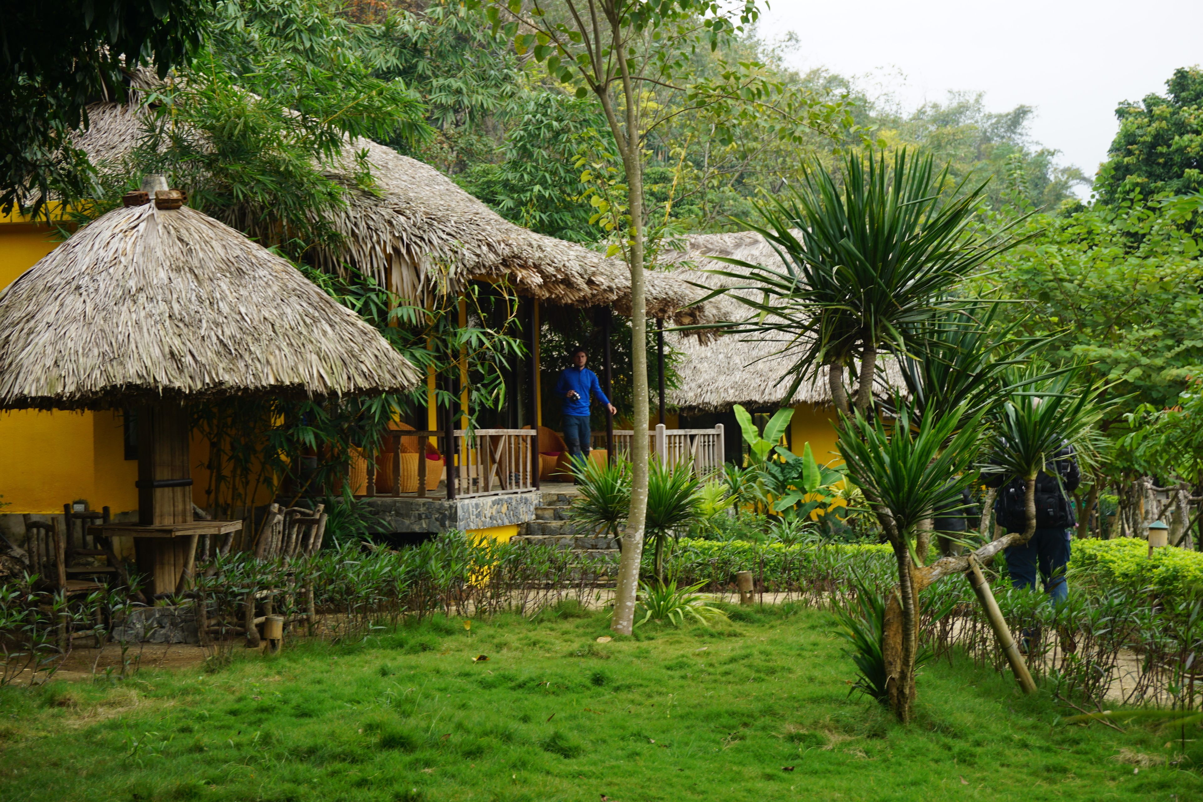 A rustic thatched-roof structure with a wooden deck and outdoor seating area, surrounded by lush greenery.
