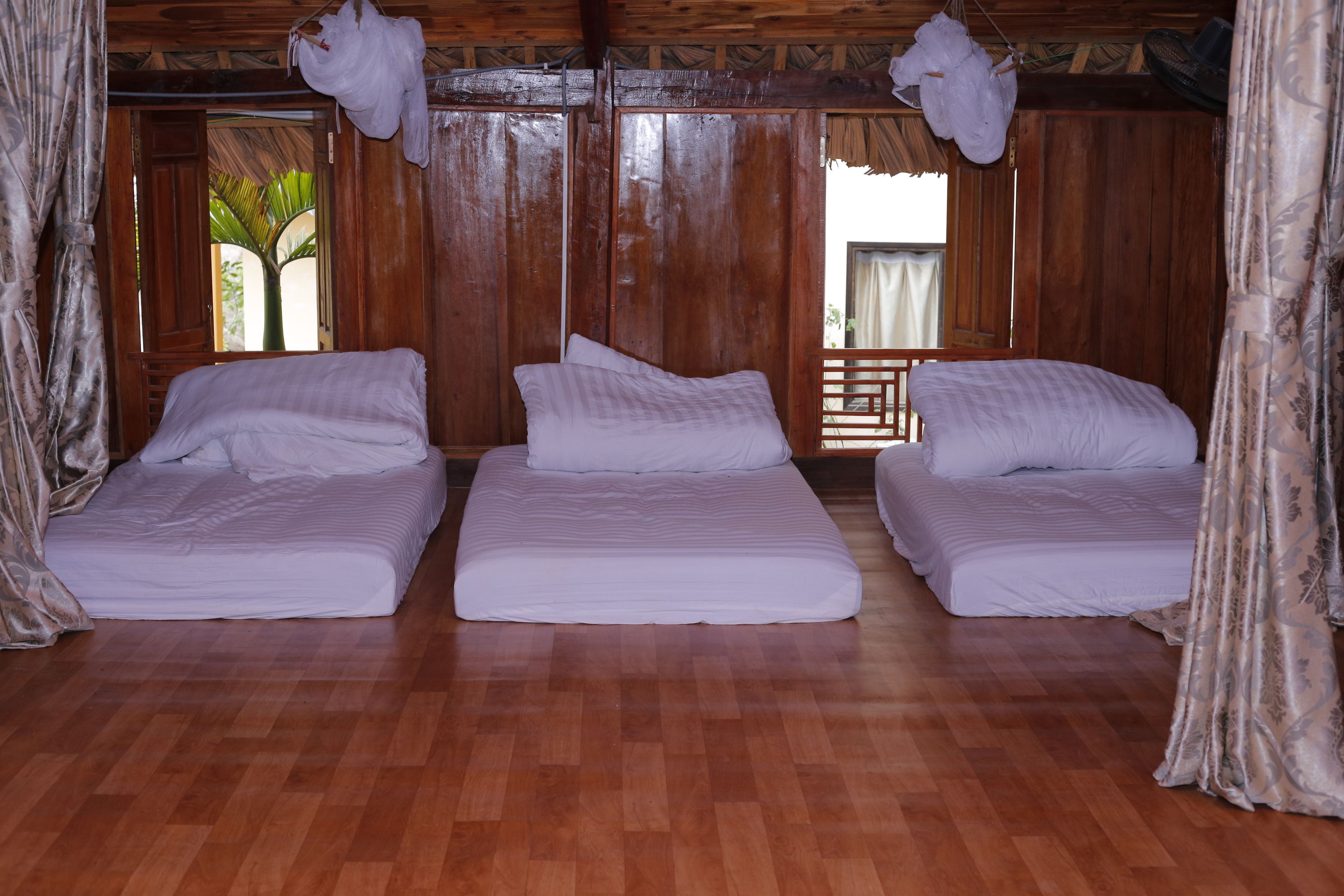 A room with three single beds, wooden floors, and a view of palm trees through the windows.