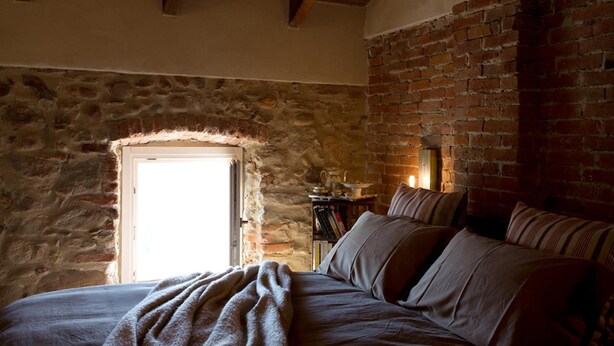 Una habitación acogedora con pared de piedra, techo de madera, cama con almohadas, una estantería y una puerta.
