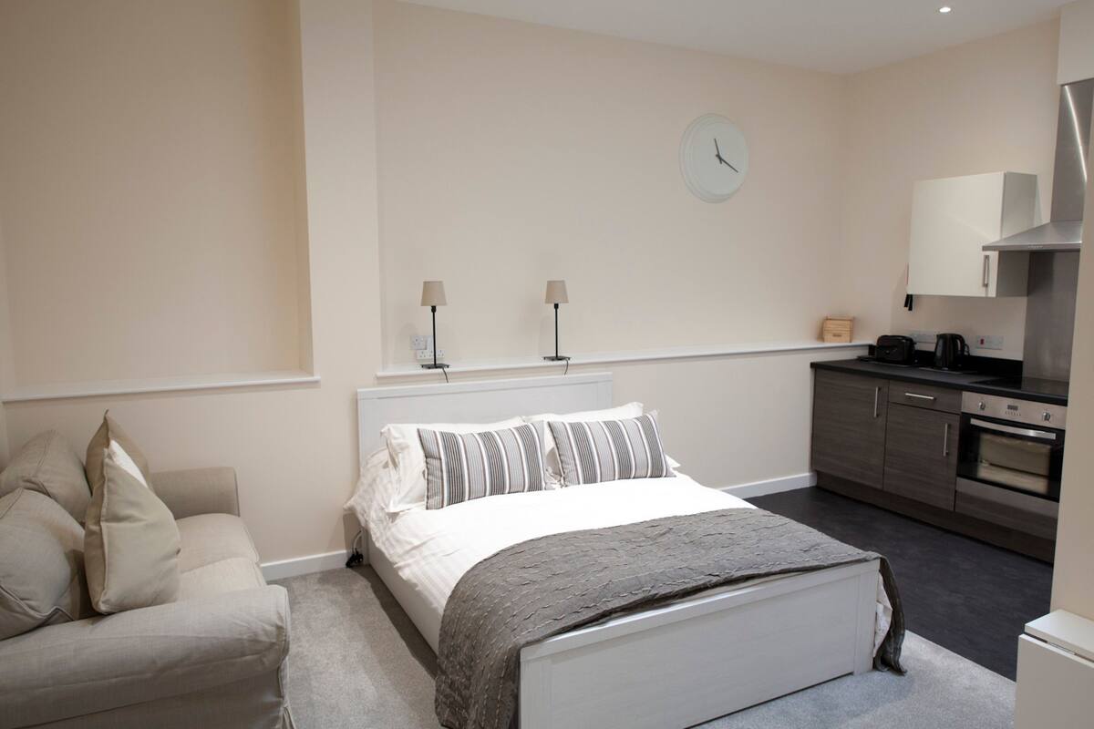 Un dormitorio con cama, lámparas de noche, un reloj, un sofá y una kitchenette.