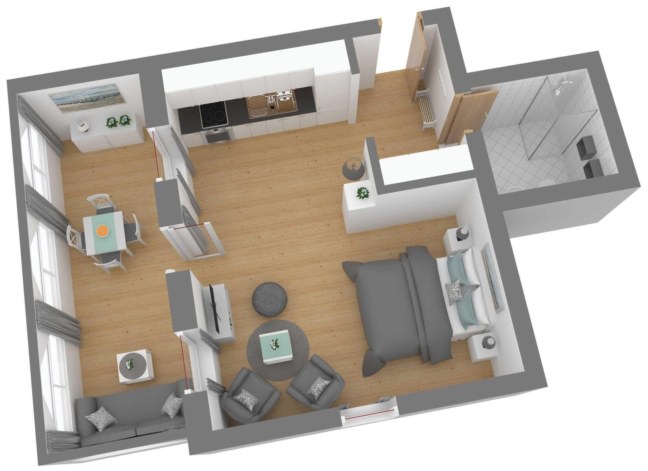 A 3D floor plan of a modern apartment with a living room, dining area, kitchen, and a small bathroom.